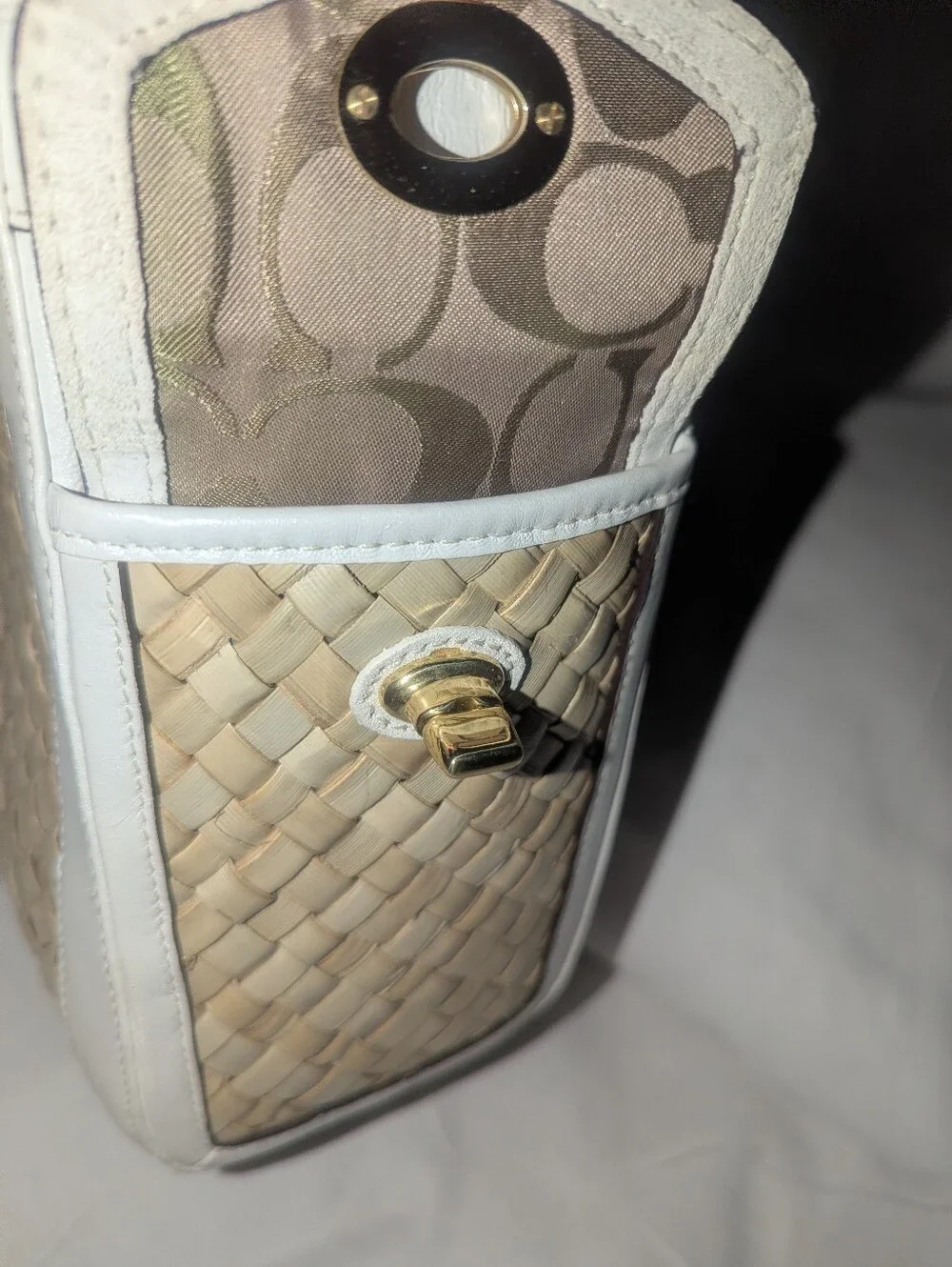 Vintage Coach Hamptons Y2K Woven Satchel in Natural and White Leather 4419